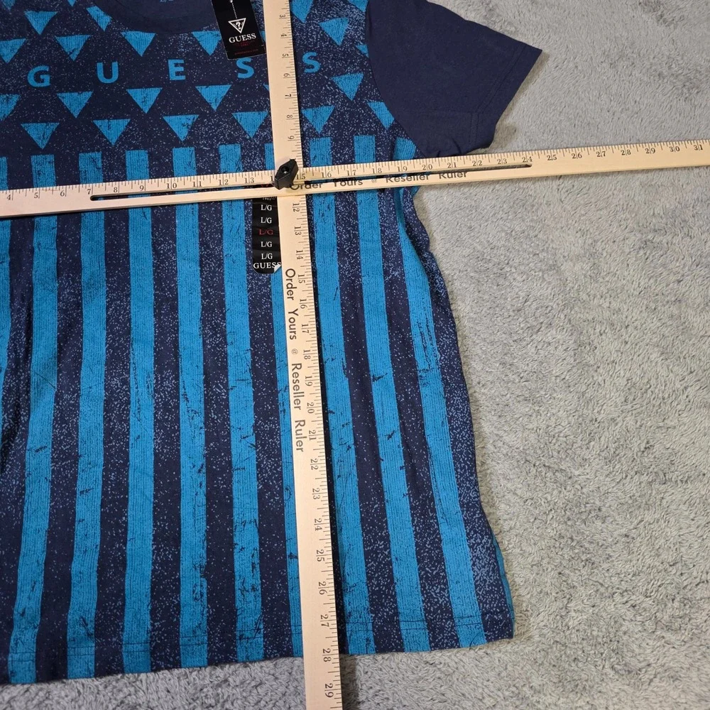 Guess Mens Large T-Shirt Officer Blue Macfarlane Print Geometric Striped Logo - Picture 2 of 7